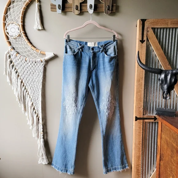 Sangiev | Jeans | Sangiev Embroidered Flared Distressed Jeans Nwot 